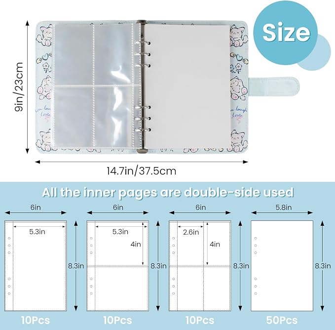 Reusable Sticker Book Collecting,A5 Binder Album Storage Organizer with Blank Release Paper and Pocket for Adult Kids,Cartoon Leather Binder Cover & Magnetic Buckle Closure(Blue) - Image 3