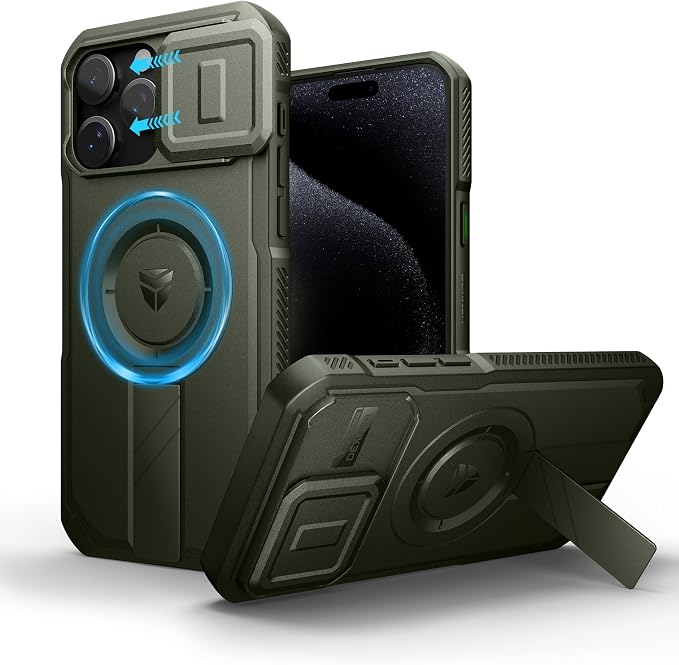 Dexnor for iPhone 15 Pro Max Case with Slide Camera Cover & Adjustable Kickstand, Compatible with MagSafe, Rugged Shockproof Bumper Cases Heavy-Duty Magnetic Protective Cover,6.7 inch,Army Green by Dexnor