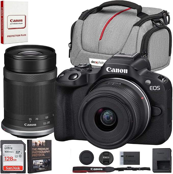 Canon EOS R50 Mirrorless Camera 2-Lens Kit (18-45mm + 55-210mm is STM) | Beach Camera USA Warranty | Authorized Dealer | Sandisk 128GB Memory Card + Deco Camera Bag + Photography Guide by Unknown