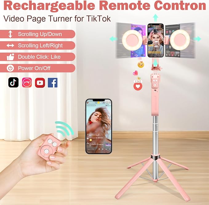 70.9" Auto Face Tracking Selfie Stick Tripod for iPhone with Light, 360° Rotation & Gesture Control, Cell Phone Tripod with Remote for TikTok/Vlog/Live Stream, Compatible with iPhone/Android - Image 4