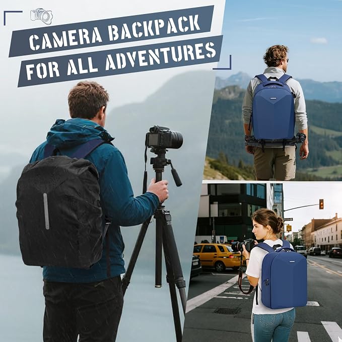 RAINSMORE Camera Backpack Hard Shell for DSLR/SLR Waterproof Camera Bag with Laptop Compartment 15.6 Inch Professional Camera Case with Rain Cover Photography Backpack Bag with Camera Lens Case Blue - Image 9