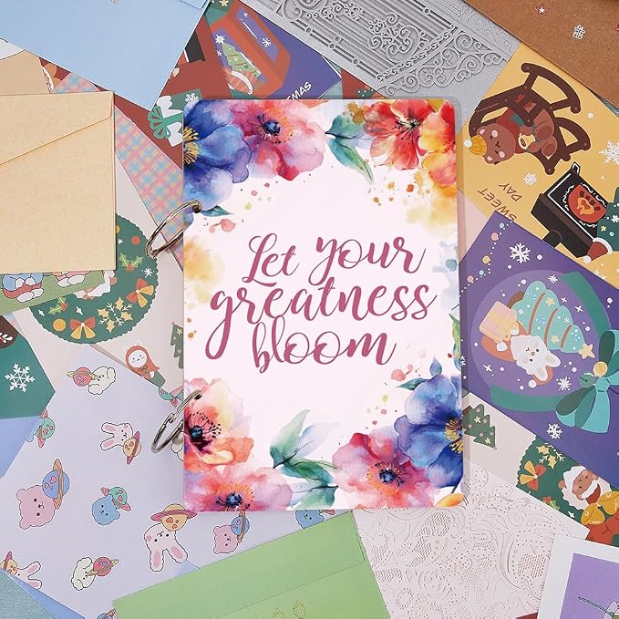 SUPERDANT Let Your Greatness Bloom Wooden Loose Leaf Watercolor Floral Design Journal Card Keeper Motivational Text Planner Card Holder Elegant Greeting Card Organizer Photo Album with 2-Rings - Image 5