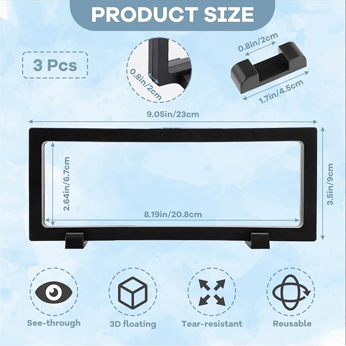 6Pcs 3D Floating Display Case Jewelry Storage Box, 9 x 3.5in Black | Clear Film, Plastic Frame, Challenge Coin Holder, For Shark Tooth Fossil Rock Gem Shell Butterfly Specimen - Image 2