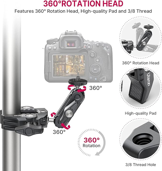 ULANZI Super Clamp Camera Clamp Mount Monitor 360° Ballhead Magic Arm Double Ball Head Adapter with 1/4"-20 & 3/8"-16 Thread for Canon Nikon DSLR Camera/Gopro/LED Lights/Ronin-M/Ronin MX/Freefly MOVI | Ball Head Adapter with 1/4"-20 & 3/8"-16 Thread fo... - Image 4