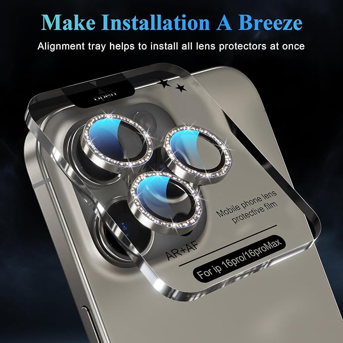 YWXTW Designed for iPhone 16 Pro/iPhone 16 Pro Max Camera Lens Protector Bling, [New Glitter Design] Individual Metal Tempered Glass Camera Cover Accessories Case Friendly (Natural Titanium) - Image 5