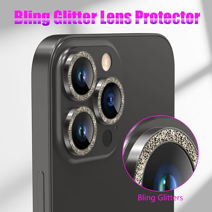 AGVEE 3+3 6 Pack for iPhone 12 Pro Max Camera Lens Protector Cover | Individual Bling Diamond & Bling Glitter Sparkle Cute Gem Metal Ring, 9H Tempered HD Glass - Image 5