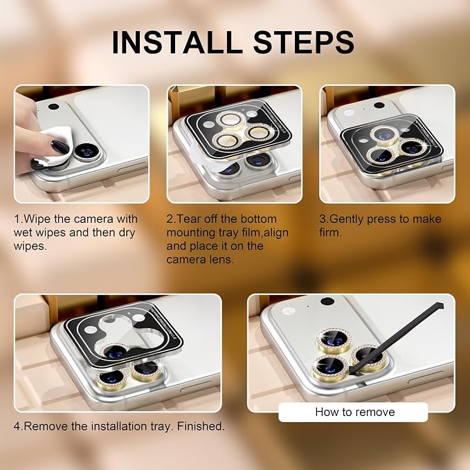 Misea Compatible for iPhone 17 Pro/iPhone 17 Pro Max Camera Lens Protector | 9H Tempered Glass Ultra HD Bling Camera Screen Protector Cover Metal Individual Ring Decoration Accessories, Gold Diamond - Image 7