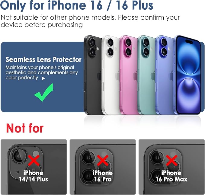 FanTEK Camera Lens Protector Compatible with iPhone 16/16 Plus, 9H Tempered Glass Camera Screen Cover, Ultra HD Clear Acrylic Full Coverage Guard, Case Friendly - Image 2