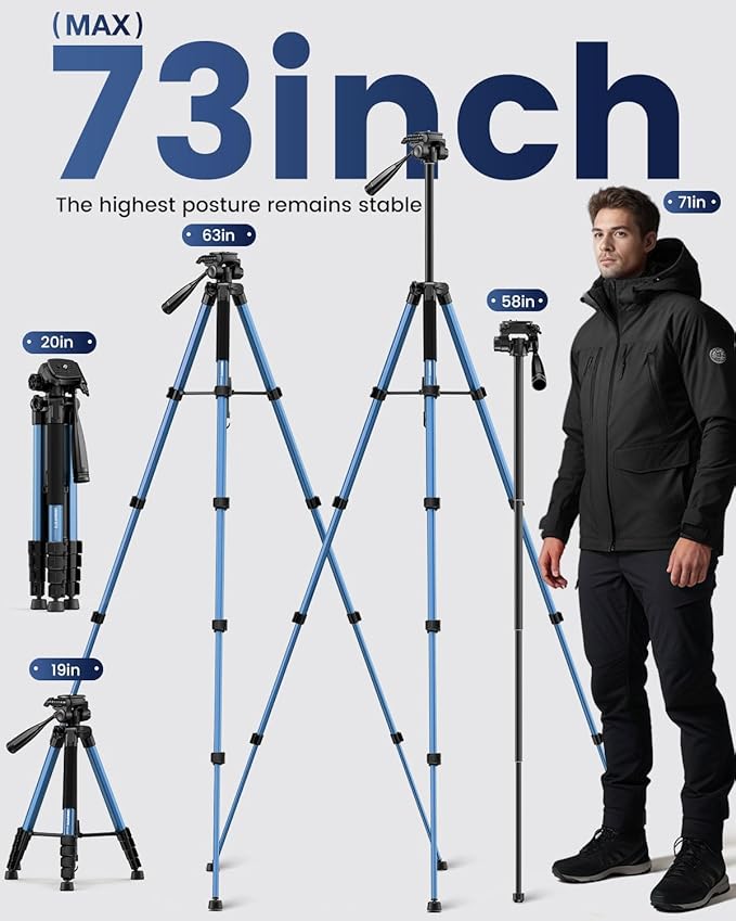 CAMBOFOTO 73" Camera Tripod and Monopod, Aluminum Tripod Stand/Navy Blue | for Professional Camera/Mirrorless/DSLR/Cell Phone/Camcorder/GoPro, with Phone Holder/Travel Bag - Image 3