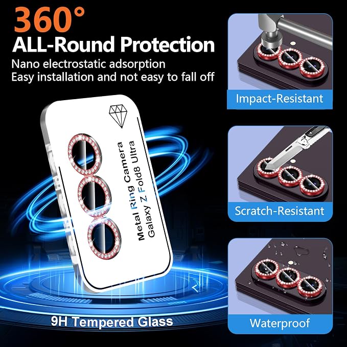 for Samsung Galaxy Z Fold 8 Ultra Camera Lens Protector, Individual Metal Ring Tempered Glass Lens Cover, [Strong Adsorption] Scratch Resistant Ultra-Thin HD Clear Lens Cover, 1 Set-Red Diamond - Image 2