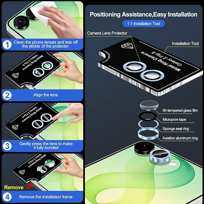 for Samsung Galaxy Z Flip 8 Camera Lens Protector, Individual Metal Ring Tempered Glass Lens Cover, [Strong Adsorption] Scratch Resistant Ultra-Thin HD Clear Lens Cover, 1 Set-Blue - Image 7