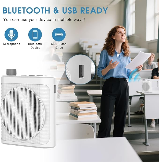 15W Wireless Voice Amplifier with 2 Magnetic Lavalier Mics & Noise Reduction - Bluetooth 5.3 PA System for Teachers, Tour Guide, Yoga - 15H Rechargeable Battery, Waist-Mount Design (White) - Image 3