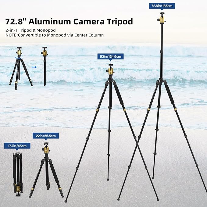 73-Inch Camera Tripod with 360° Ball Head & Quick Release Plate | Lightweight DSLR Tripod Supports Up to 33.07 lbs, Portable for Travel & Outdoor Photography，Weight 2.73 lbs - Image 4
