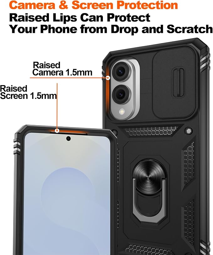 Gritup Fit for Samsung Galaxy S25 Edge Case with Slide Camera Cover | 2 Pcs Screen Protector, Build in 360° Rotating Ring Kickstand, Military Grade Protective Phone Case, Black - Image 5