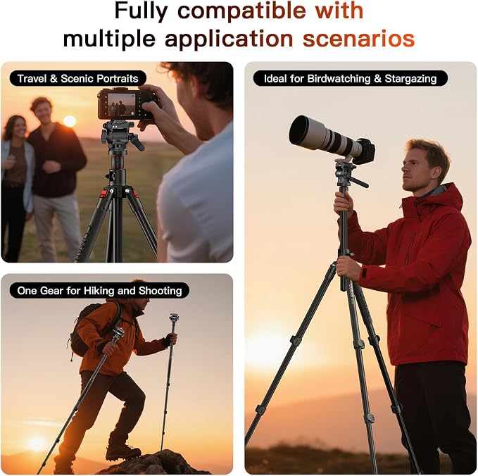 72" Overhead Camera Tripod with Fluid Head,Horizontal Tripod for Top-Down Product & Food Photography,Detachable Monopod&Invertible Center Column,Aluminum Tripod for DSLR Camcorder Spotting Scope - Image 8