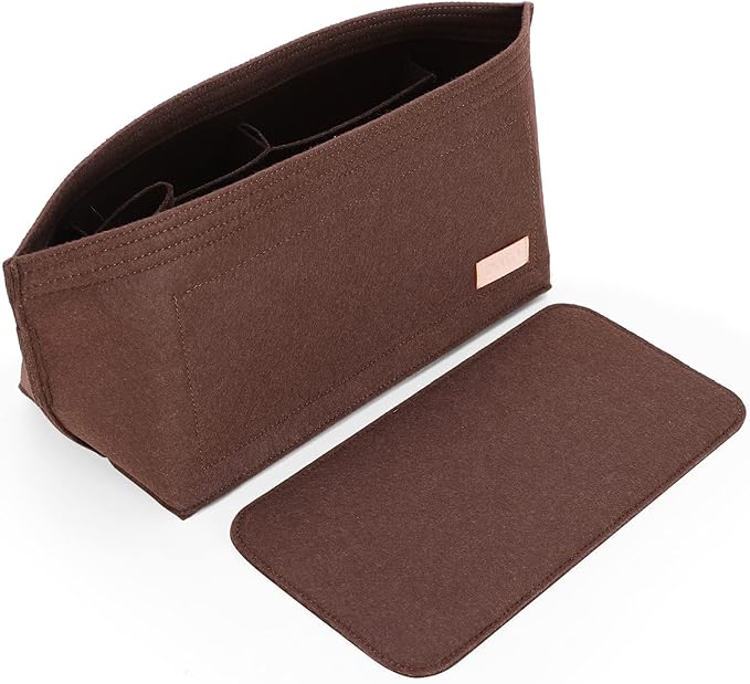 Doxo Purse Organizer Insert for Handbags & Base Shaper 2pc Set, Felt Neverfull PM Organizer Insert, Tote Bag Organizer with Zipper Pocket and Bottle Holder, Fit Neverfull PM and More, Brown-M by Doxo