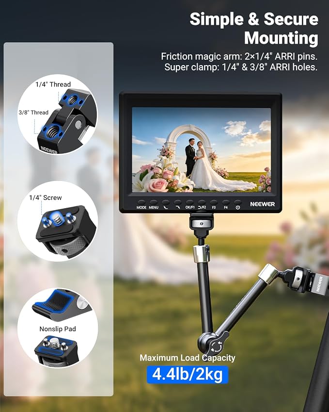 Neewer 11" Articulating Magic Arm Clamp Mount with Super Clamp, Camera Monitor Mount with 1/4" 3/8" ARRI Locating Pins & Holes for DSLR Action Camera Video Light Compatible with SmallRig Cage, ST16C - Image 6