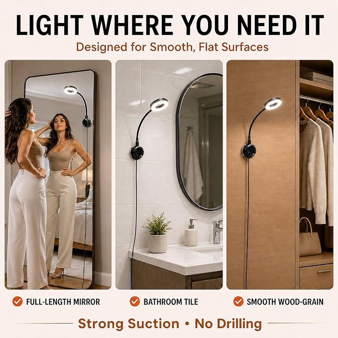 Suction Cup Makeup Lights for Vanity Mirror,Full Length Mirror Selfie Light | LED Vanity Lights Stick on, Ring Light for Makeup Vanity Table & Bathroom Mirror, 3 CCT & 10 Brightness, Plug in, Black - Image 8