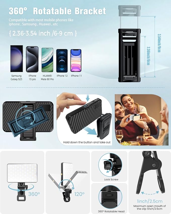 168 LED Phone Light, Selfie Light for iPhone/iPad/Camera, Portable Video Conference Lighting with Clip, Rechargeable 3000mAh CRI 95+, 3 Lights Modes Alix Earle Lights for Selfie, Makeup, Laptops, Vlog - Image 6
