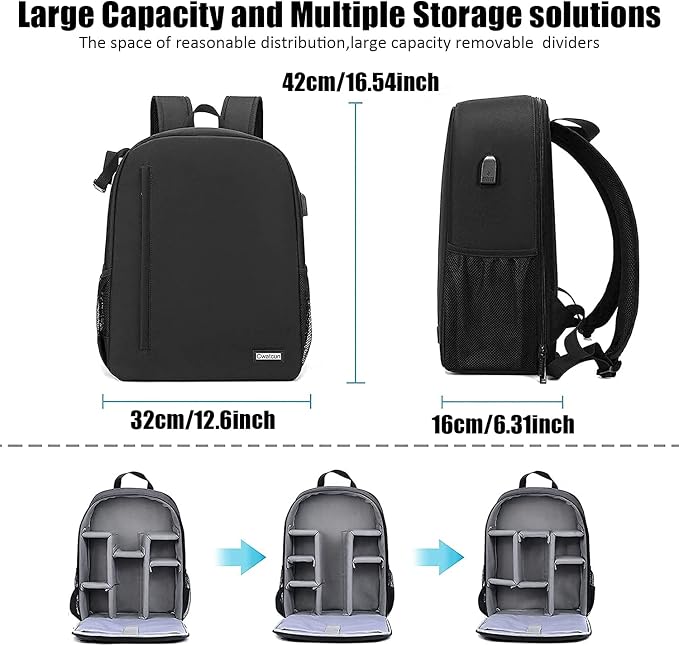 Cwatcun Camera Backpack Bag, Waterproof DSLR Bag with USB Port & Rain Cover | Fits DSLR with 70-200mm lens + 6lenses+15.6"laptop+tripod.Anti-theft rear opening,900D nylon,rain cover included. - Image 2