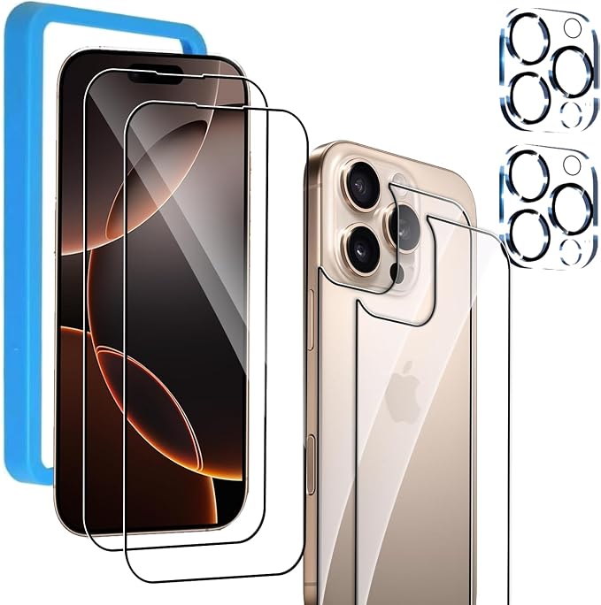 Front and Back Protector for iPhone 16 Pro + Camera Lens Protector | (2+2+2) 9H Hardness, Easy to Install with Alignment Tool,Case Friendly by BIGFLYANTS