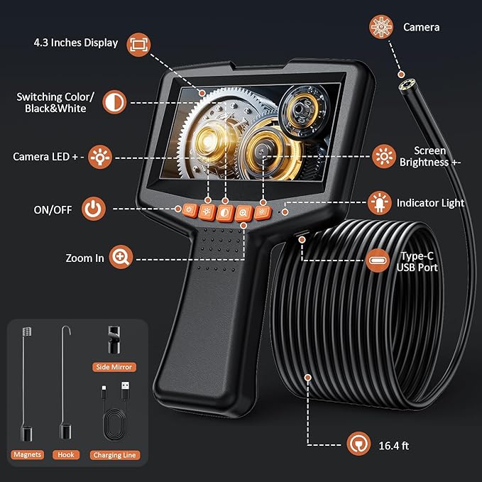 Endoscope Camera with Light: 4.3" 1080P HD Inspection Borescope Camera for Sewer - 16.4ft Waterproof Industrial Endoscope - Flexible Snake Bore Scope for Plumbing Automotive - Image 6