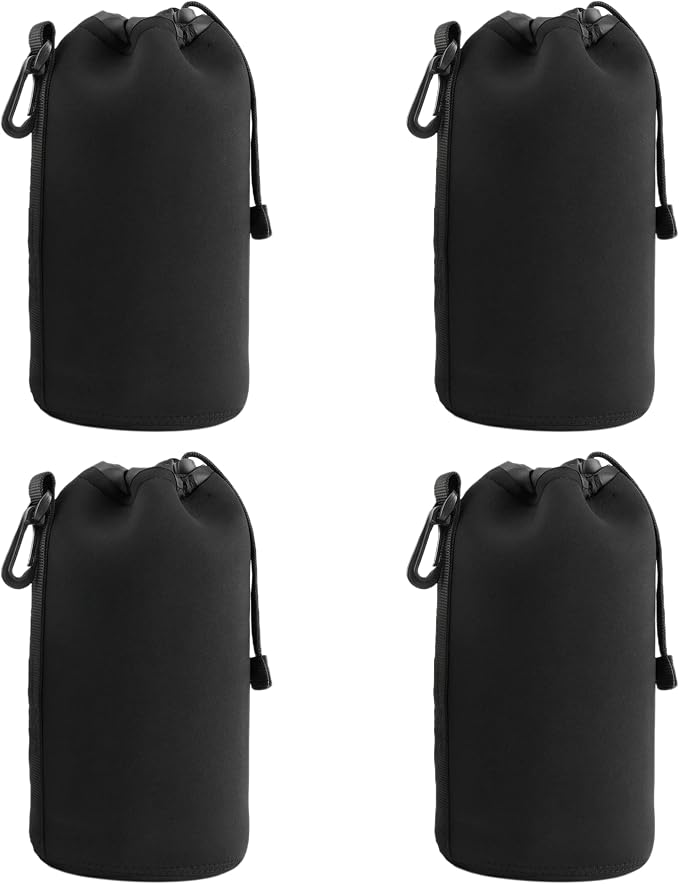 Camera Lens Bag, 4 Pack Protective Neoprene Lens Pouch with Drawstring & Carabiner, Lens Case for DSLR Camera Lens(S/M/L/XL) (XL 4pcs) by Unknown