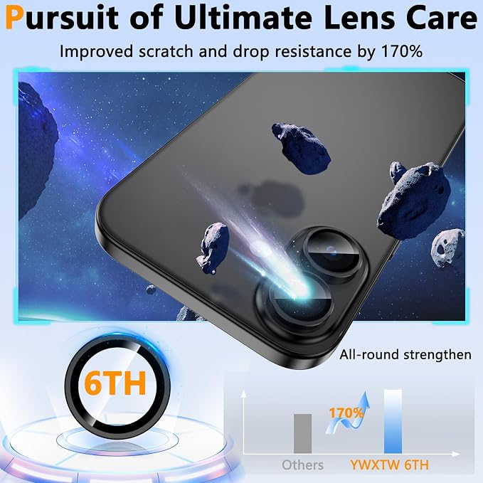 YWXTW for iPhone 16 Plus/iPhone 16 Camera Lens Protector, Individual Anti Scratch Metal Ring Tempered Glass Camera Screen Protector for iPhone 16 Accessories, Case Friendly (Black) - Image 3
