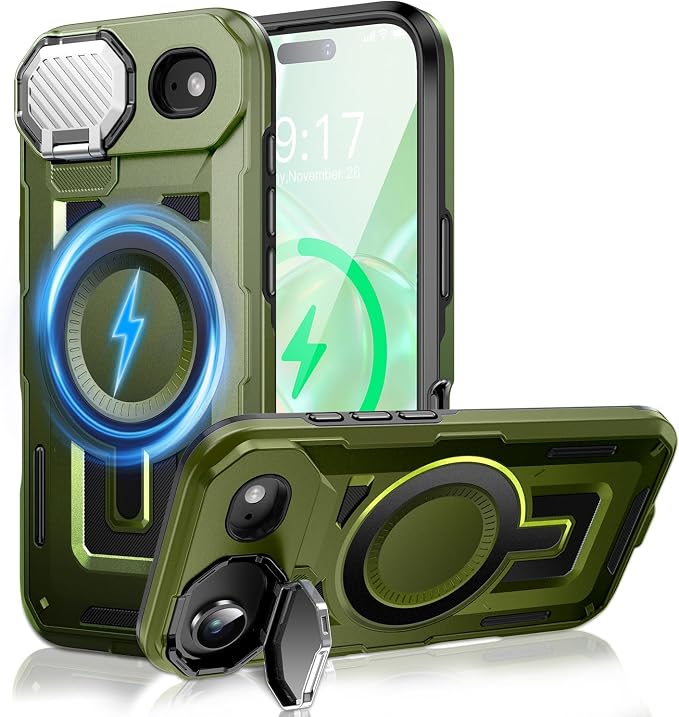Camera Stand Case for iPhone 17 Air, [Compatible with MagSafe] [Lens Cover] 2025 Version Military Grade Protective Soft Case for iPhone 17 Air 6.5 inch Men Women, Green by WASTROYAL