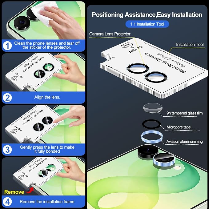 for Samsung Galaxy Z Flip 8 Camera Lens Protector, Individual Metal Ring Tempered Glass Lens Cover, [Strong Adsorption] Scratch Resistant Ultra-Thin HD Clear Lens Cover, 1 Set-Blue Ring - Image 7