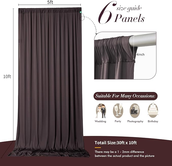 30 ft x 10 ft Wrinkle Free Brown Backdrop Curtain for Parties, Wedding Brown Photo Backdrop Drapes, Fabric 6 Panels 5ft x 10ft for Baby Shower Photoshoot Engagement Birthday Photography Background - Image 5