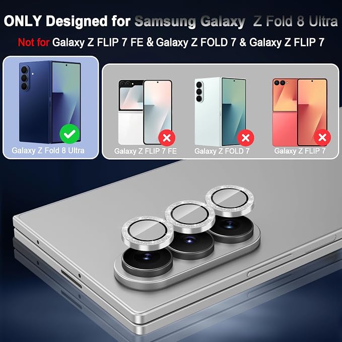 Meshine for Samsung Galaxy Z Fold 8 Ultra Camera Lens Protector,Scratch Proof,Strong Adsorption,9H Hardness with Metal Ring Camera Cover,Case Friendly,Accessories Lens Protector,Glitter Sliver - Image 2