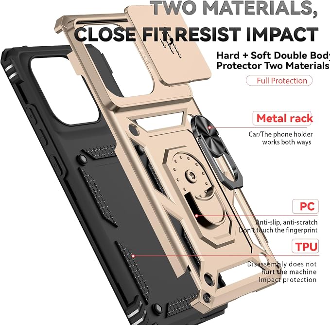SunStory Compatible with Motorola Moto Edge 2025 Case with HD Screen Protector & Slide Camera Cover & Rotated Ring Kickstand, [Military-Grade] Phone Case for (Golden, Moto Edge 2025) - Image 8