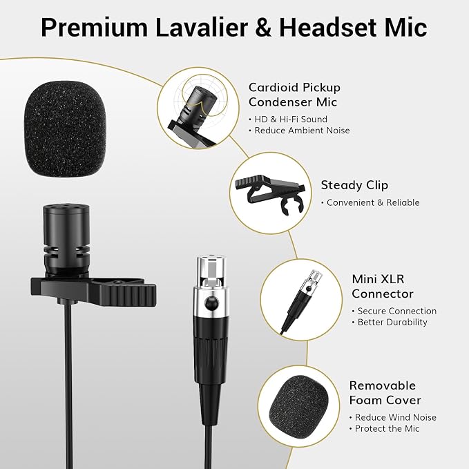 TONOR UHF Wireless Microphone System, 1 Set of Bodypack & Lavalier Mic | UHF Headset Lapel Mic, Rechargeable Receiver, 15 Channels 60 m/200ft Range 1/4" Output for Teaching, Recording ,Tour Guide - Image 6