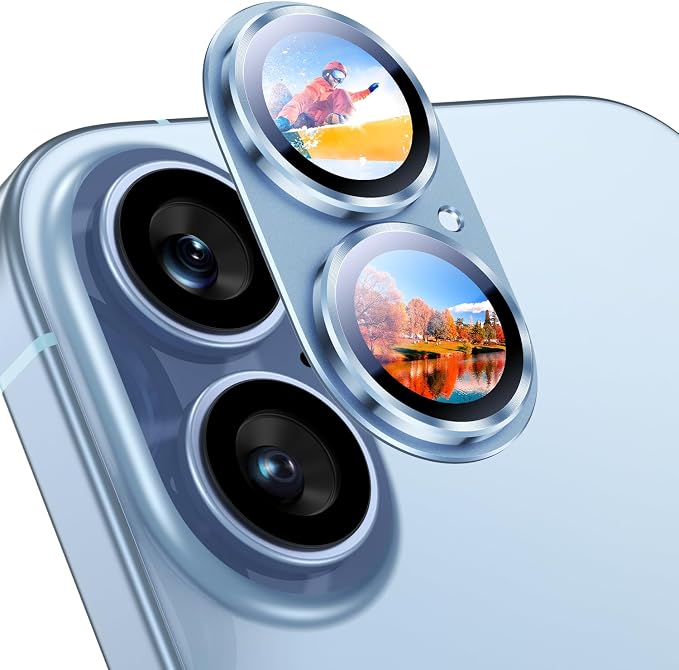 Uyiton for iPhone 17 Camera Lens Protector, Metal Frame Glass Cover | Not Easy to Break, Strong Adsorption, Case-Friendly, Metal 9H Sapphire Glass Rear Camera Screen Cover, Mist Blue by Uyiton