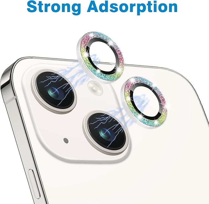 Compatible with iPhone 15 & 15 Plus Camera Lens Protector, Bling Glitter 9H Tempered Glass Camera Cover Anti Scratch Shockproof Screen Protector Individual Metal Lens Ring - 2PCS Glitter - Image 4