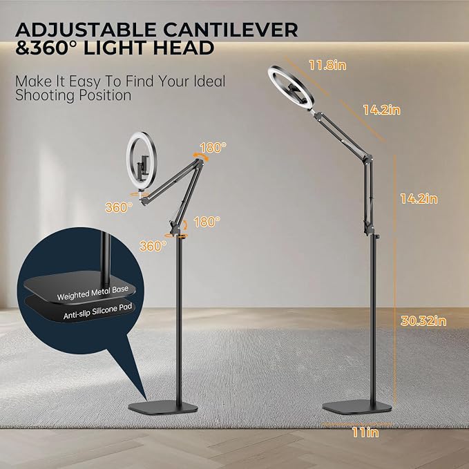 10" Ring Light with Stand Tripod for iPhone, Overhead Phone Camera Mount, Adjustable 70" Height Tripod Holder Floor, Phone Stand for Video Recording Filming Streaming Cooking TikTok YouTube, CRI >95 - Image 3