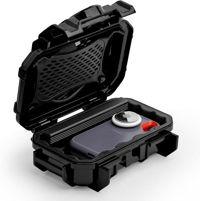 Evergreen Dry Box Tech Organizer – For Camera, Cables, Hard Drives, Memory Cards, Keys, Compatible with GoPro, Airtags (Small, Rubber Boot, Black) by EvergreenCases