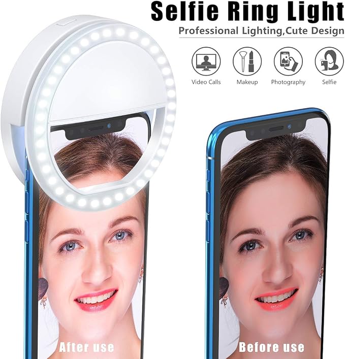Meifigno Selfie Ring Light, [Rechargeable] with 36 LED Lights, 3-Level Adjustable Brightness Clips On Phone Ring Light Compatible with iPhone 16 15 14 13 12 11 Plus Pro Max iPad Laptop Samsung, White - Image 4