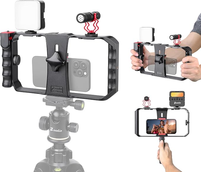 Zeadio All-in-One Smartphone Video Rig Kit, Variable Phone Cage Rig with RGB Video Light, Shotgun Microphone, Universal Video Stabilizer for iPhone/Android Filmmaking Vlogging YouTube TikTok etc by Zeadio