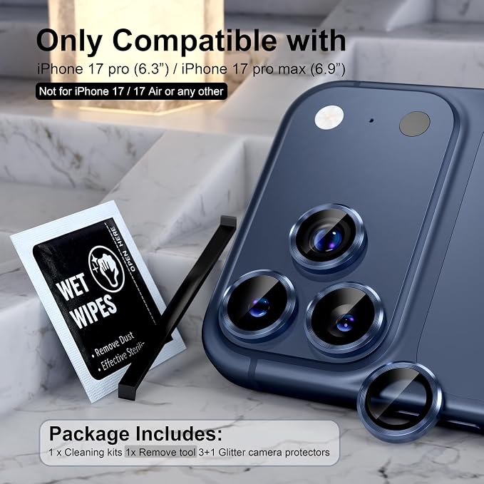 Choiche for iPhone 17 Pro/iPhone 17 Pro Max Camera Lens Protector | Ultra HD, 9H Tempered Glass Camera Cover Screen Protector Metal Ring Decoration Accessories (Blue) - Image 2