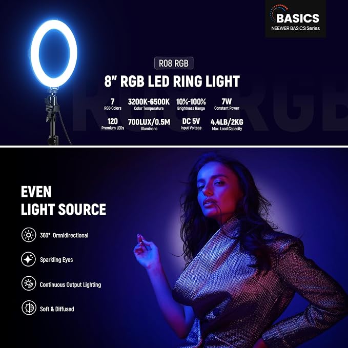 NEEWER Basics 8" RGB LED Ring Light with Tripod Stand, 7 Modes/3200-6500K/10 Dimming Levels, Phone Holder Selfie Ringlight Lighting for iPhone TikTok Vlog Makeup Video Recording Streaming, R08 - Image 2