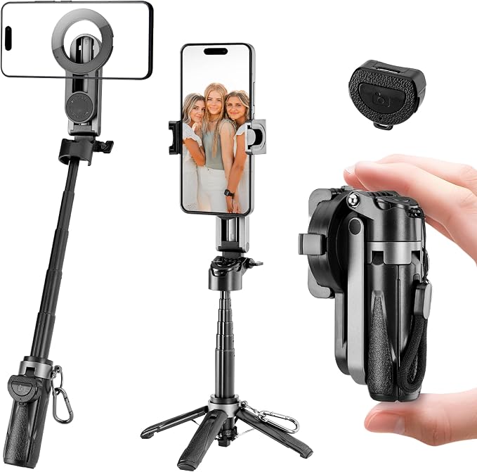 Magnetic Tripod for Phone,2 in 1 for Magsafe Stand＆ Clip Portable Pocket Size Selfie Stick for Android/iPhone,Phone Holder with Wireless Rechargeable Remote Control for Photography, Live Streaming by MQOUNY