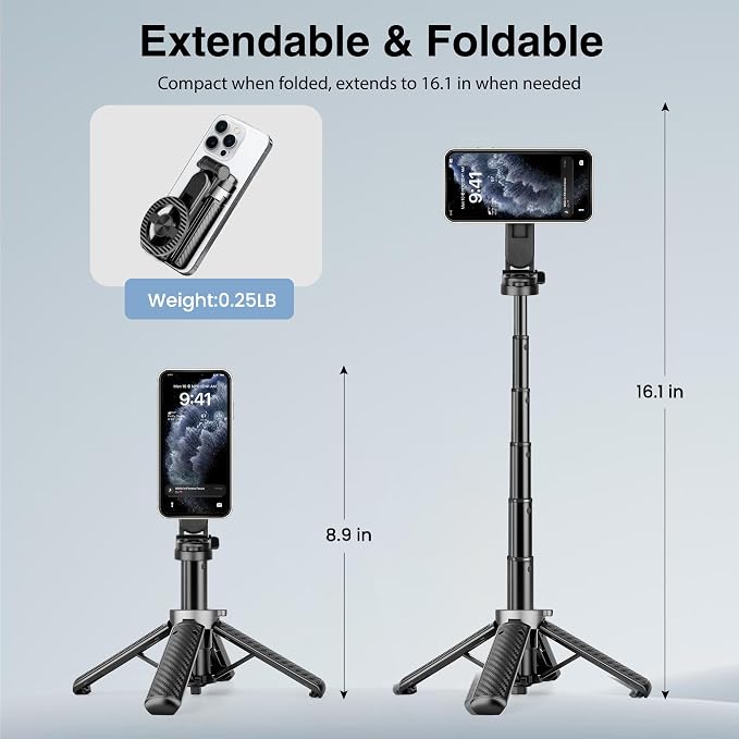 4-in-1 Multifunctional Magnetic Phone Tripod, Portable Selfie Stick for iPhone & Android with Detachable Remote and Metal Ring, Magnetic Tripod Extendable Length 4.33" - 16" - Image 4
