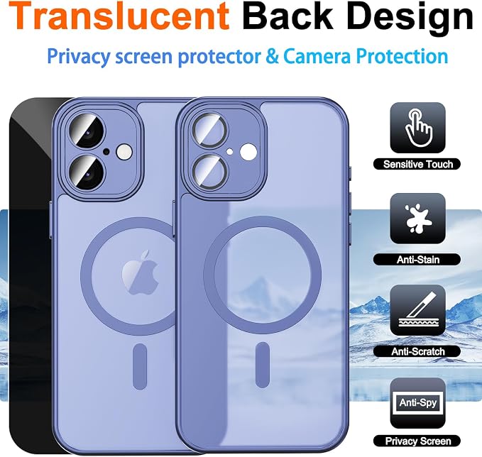 for iPhone 16 Case with Privacy Screen Protector, Light Blue | Full Camera Protection, Matte Translucent, Magnetic, Compatible with MagSafe, Shockproof Phone Cover, Slim Fit - Image 2