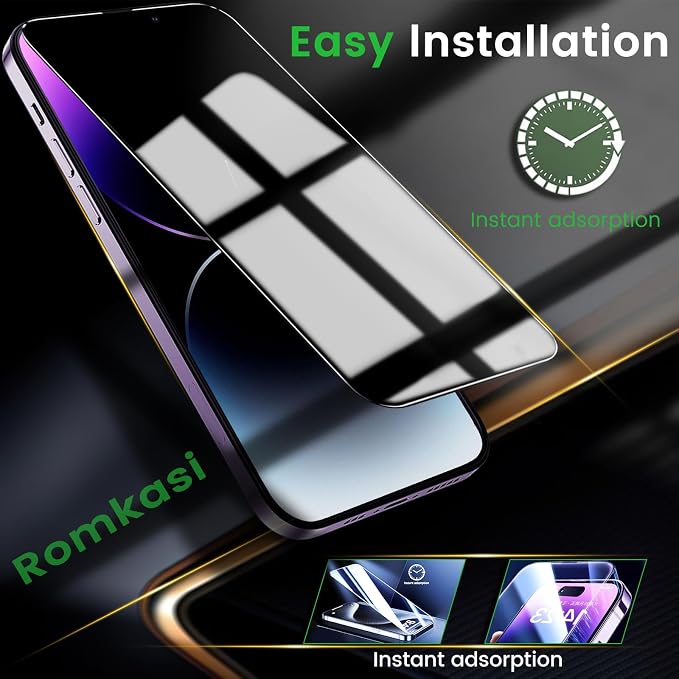Romkasi 3 Pack Privacy Screen Protector for iPhone 14 Pro Max 6.7 Inch with 3 Pack Camera Lens Protector, Anti Spy Tempered Glass Film, Anti-Scratch, Touch Sensitive, Case Friendly - Image 7