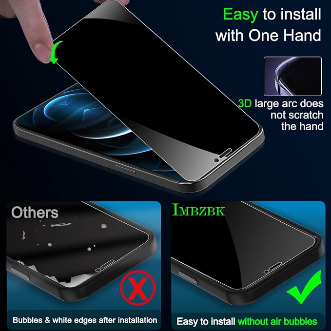 IMBZBK 3 Pack Privacy Screen Protector for iPhone 12 Pro Max,Tempered Glass | 9H+ Hardness, Military Grade Shatterproof, Case Friendly, Bubble Free Easy Installation Frame, with 3 Camera Lens Protectors - Image 5