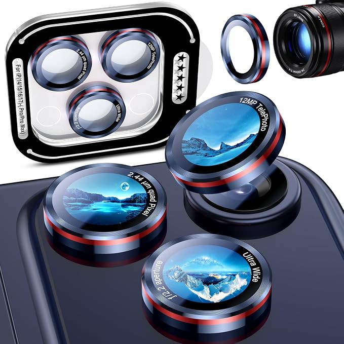 Uyiton for iPhone 17/16/15/14 (Pro Max & Pro) Camera Lens Protector | Unique Lines Text Design, Case-Friendly, Military-Grade Sapphire Glass Metal Camera Cover, Easy to Install, Blue+Red by Uyiton
