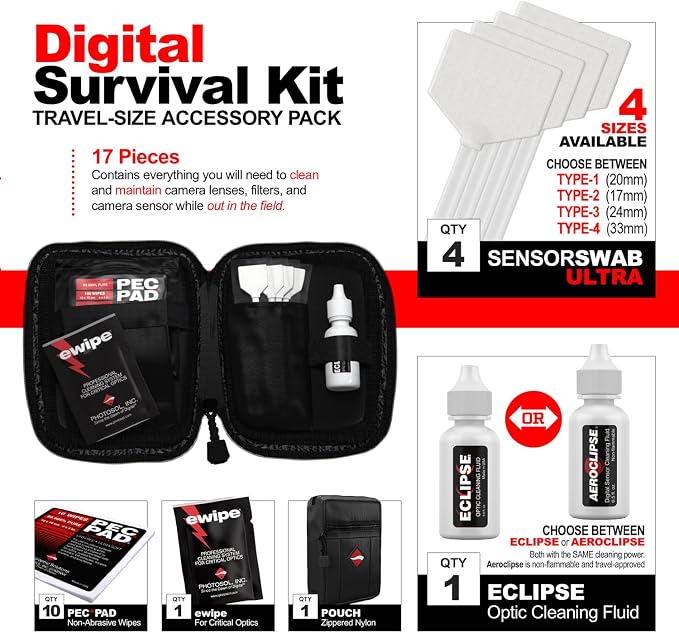 Photographic Solutions Digital Survival Kit - Type-1 (20mm) Sensor Swabs, PEC-PAD Photo Wipes, E-Wipe Packet, Aeroclipse Optic Cleaner Non-Flamable Solution - Camera Cleaning Kit with Travel Bag - Image 8