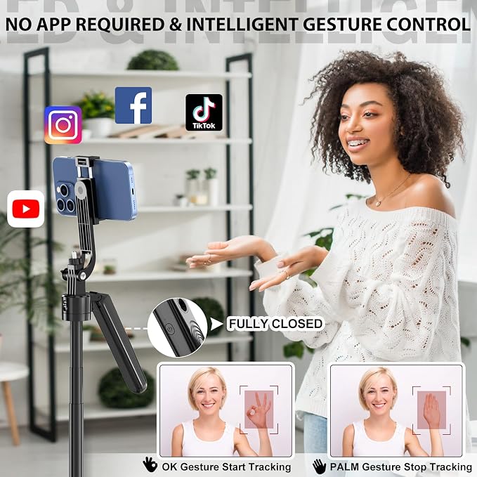 Auto Face Tracking Tripod 360 Rotation with Stand,Android and iPhone Tripod Holder with Remote and Gesture Control, No App,Built-in Tracking Camera Selfie Stick for Vlog Video Recording Tiktok - Image 6